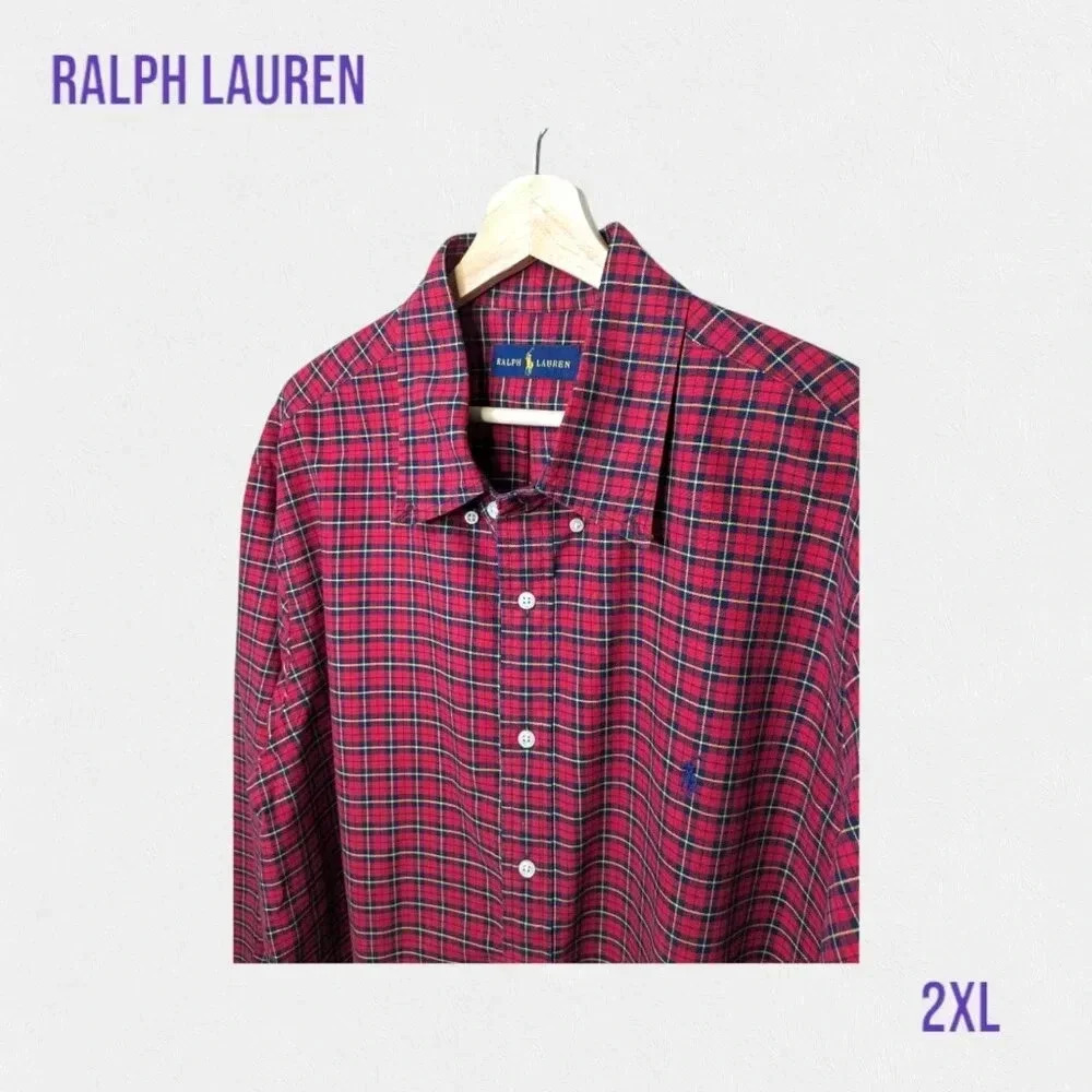 Ralph Lauren Red Plaid Mens Long Sleeve Button Down Shirt 100% Cotton Size XXL
